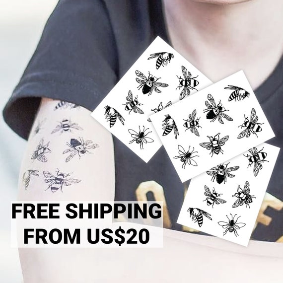 Bees temporary tattoo transfers. Set of 3 sheets with 21 black honey