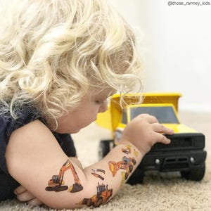 Construction party temporary tattoo transfers. Crane, builder, excavator, bulldozer vehicles kids body stickers for kids.