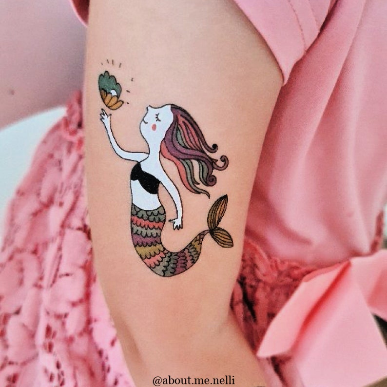 Girl Wearing Mermaid Party Temporary Tattoo Transfers For Kids. Under The Sea Themed Body Stickers. Birthday Party Favors.