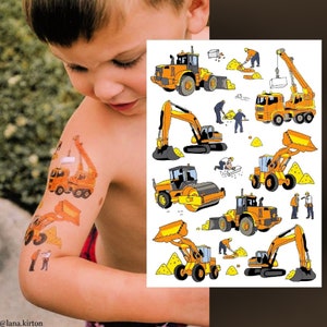 Transferts de tatouage temporaire pour la construction. Stickers enfants pour grues, constructeurs, excavatrices et bulldozers.