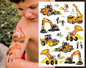 Construction Party Temporary Tattoo Transfers. Crane, Builder, Excavator, Bulldozer Vehicles Body Stickers For Kids.