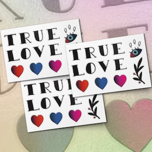 TRUE LOVE Knuckles temporäres Tattoo. Körper-Aufkleber für Kinderparty. Satz von 3 Bögen. Valentines, Herzen, Buchstaben Finger Tattoos.