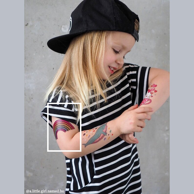 Brightly Colored Stitched Rainbow temporary tattoo transfers Kids birthday party favors Set of 3 body stickers Looks like hand embroidery
