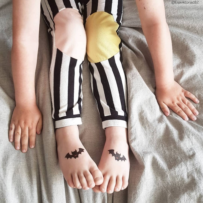 Boy Wearing Halloween Vampire Bats Temporary Tattoos. No Candy Trick or Treat Favor. Spooky Party Favors. Kids Body Stickers