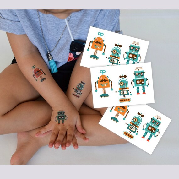 Set Of 3 Temporary Tattoos Hipster Robots 9 Funny Cartoon Etsy