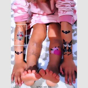 Girl Wearing Vampire Cat Halloween Temporary Tattoo Transfer. Trick-or-Treating Non-Candy Treat. Set of 3 Body Stickers For Kids. Party Favors.