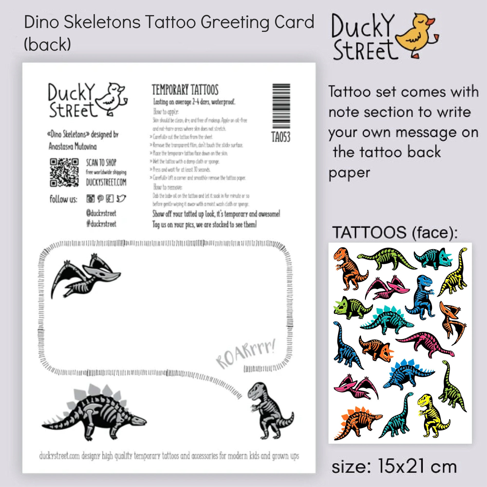Ducky Street Dinosaurs Temporary Tattoos. Set of Roarsome Dino Body stickers.