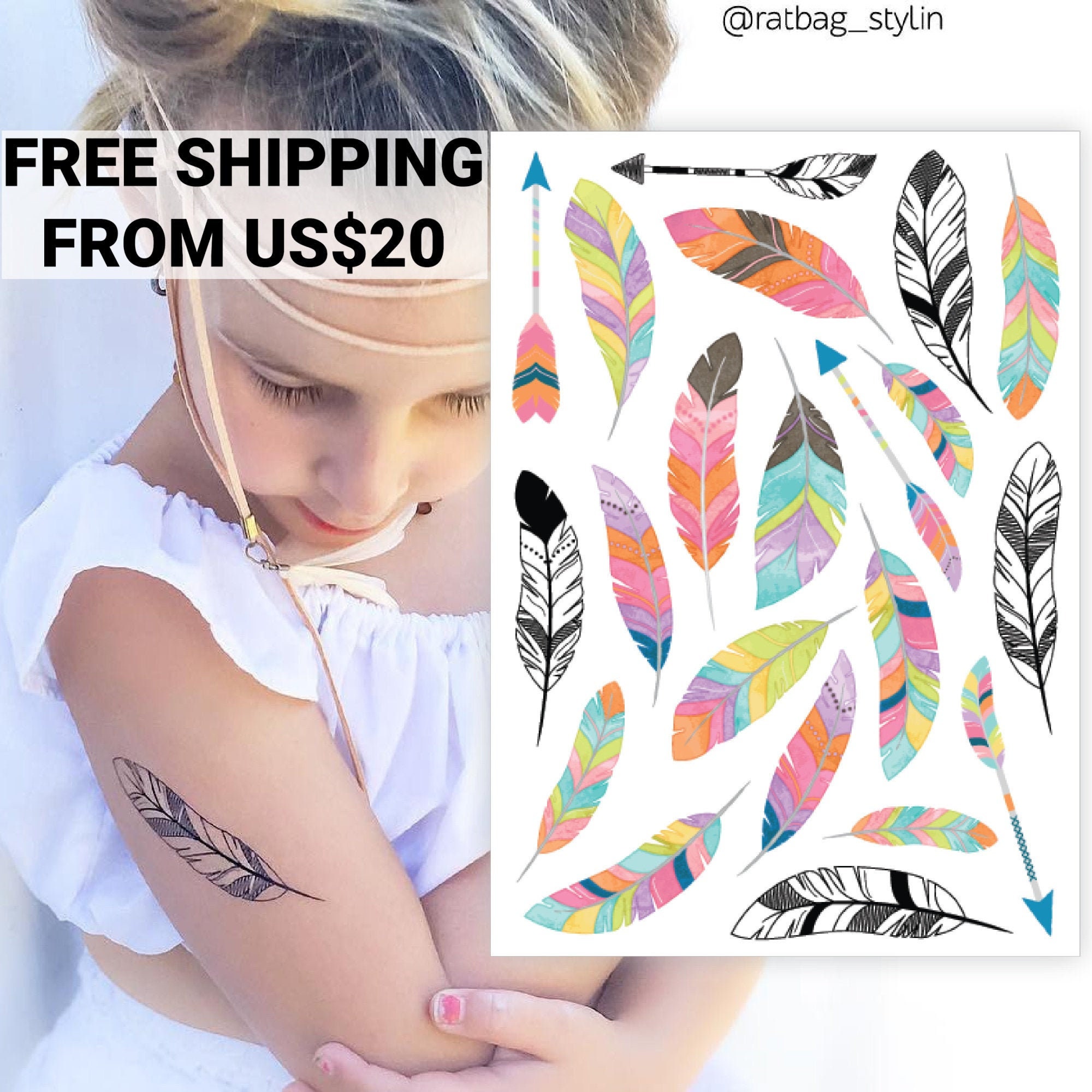 Feathers and Arrows temporary tattoo transfers. Bohemian party favors…