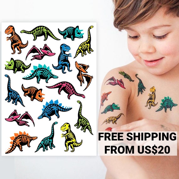 Dinosaur party kids temporary tattoo transfers. Big set of dinos, skeletons and skulls body stickers. Dinosaurs birthday party favors. Il_570xn