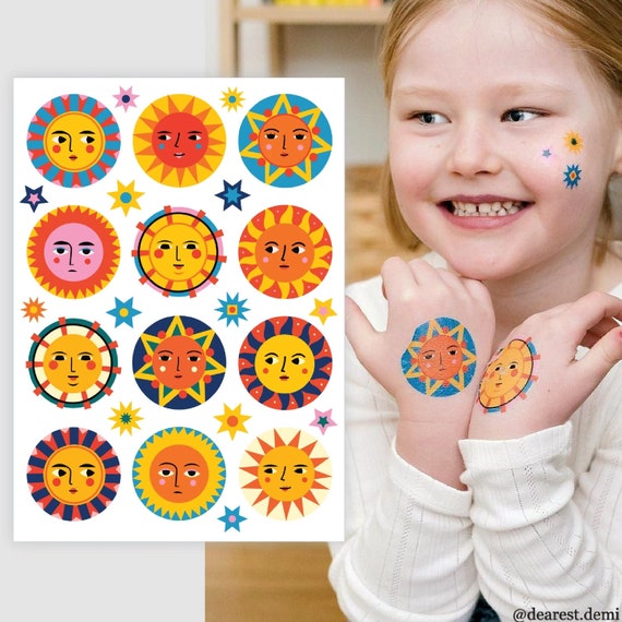 The Sun Temporary Tattoo Transfers. Kids Body Stickers of Cute Suns