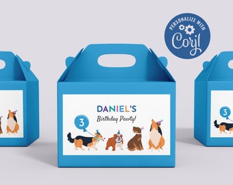 Étiquette cadeau pour boîte à pignon pour anniversaire de chiot sur le thème chien de Let's Pawty Time