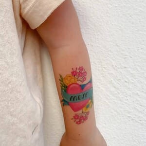 Mom Heart Tattoo. Mother's Day Set of 3 Temporary Tattoo Transfers of Heart And Flowers. Kids Body Stickers. Party Favors. Gifts for Moms.