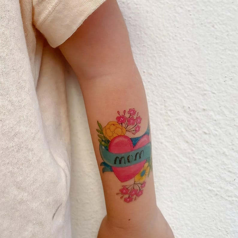 Mom Heart Tattoo. Mother's Day Set of 3 Temporary Tattoo Transfers of Heart And Flowers. Kids Body Stickers. Party Favors. Gifts for Moms.