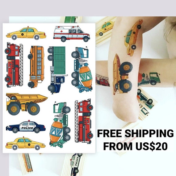 Transport temporary tattoo transfers. Taxi, emergency ambulance, fire engine, school bus, truck, cement-mixer, police car body stickers. Il_570xn