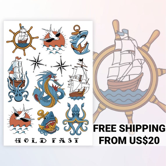 Salty Dog Hold Fast temporary tattoo transfers. Nautical body stickers. Pirate birthday party favors, Sailor party, gifts for kids. Il_570xn