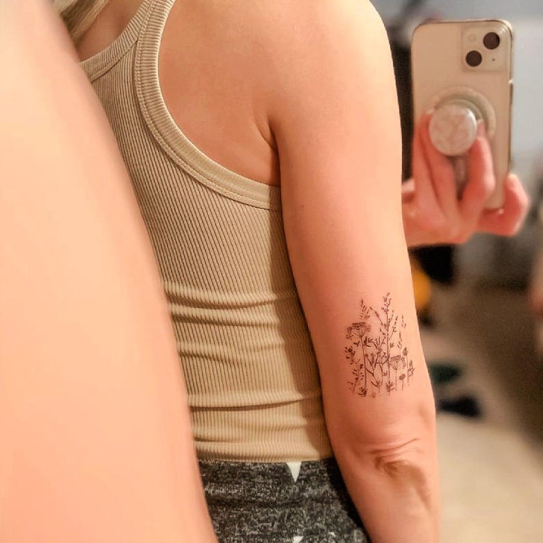 Wild Herbs Temporary Tattoo Transfers. Classic Black Ink Flowers Set of 3 Body Stickers. Floral Party Favors, Flower Party Supply, Gifts.