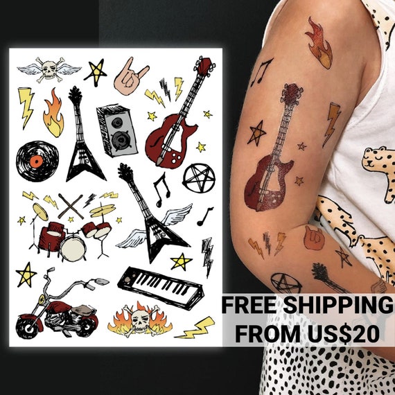 Rock'n'Roll kid's temporary tattoo transfers. Rockstar costume body stickers: guitar, motor bike, drums, vinyl and more. Rock party favors. Il_570xn