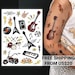 Rock'n'Roll kid's temporary tattoo transfers. Rockstar costume body stickers: guitar, motor bike, drums, vinyl and more. Rock party favors. 