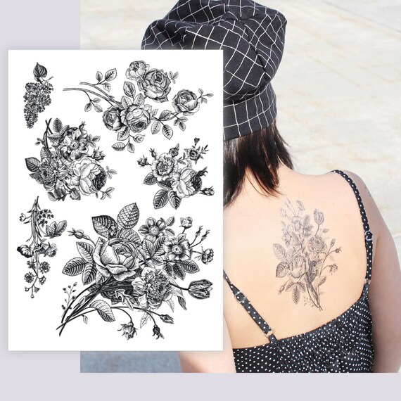 Temporary tattoos Vintage flowers. Big set of 6 retro black Etsy