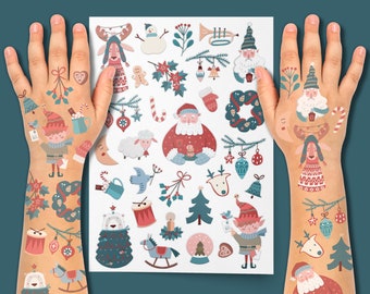 Holly Jolly Christmas Party Temporary Tattoo Transfers. Santa Claus, Elf, Gnome, Snowman And More Kids Body Stickers. Xmas Stocking Stuffers