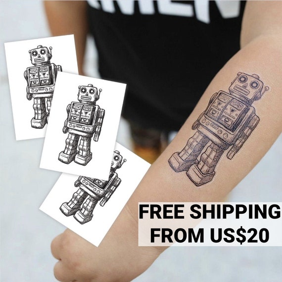 Robot party temporary tattoo transfers. Set of 3 Retro vintage robot kid's body stickers. Robots birthday party favors, hipster party gift. Il_570xn