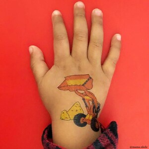 Construction party temporary tattoo transfers. Crane, builder, excavator, bulldozer vehicles kids body stickers for kids.