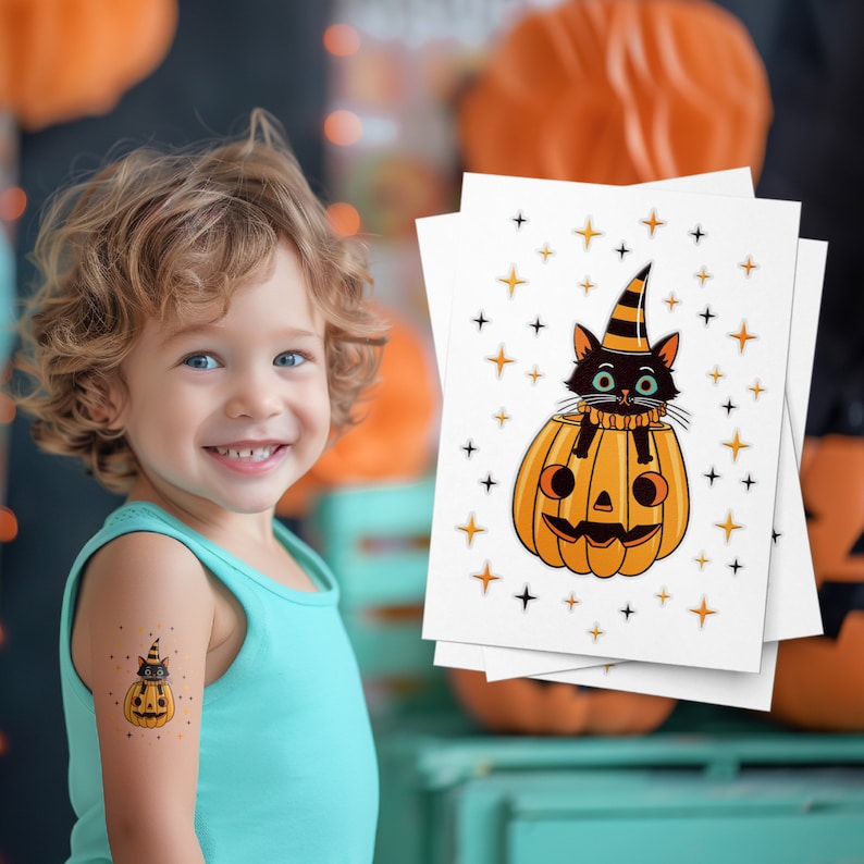 May include: A child wearing a blue tank top has a temporary tattoo on their arm. The tattoo is a black cat wearing a witch's hat sitting inside a jack-o'-lantern. The image shows a sheet of temporary tattoos with the same design.