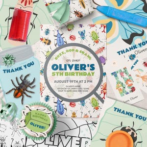 May include: A collection of party supplies with a bug theme, including invitations, gift tags, wrapping paper, and a cupcake. The invitation reads "Oliver's 5th Birthday" with the date and time. Various colorful insect illustrations are scattered throughout the design.