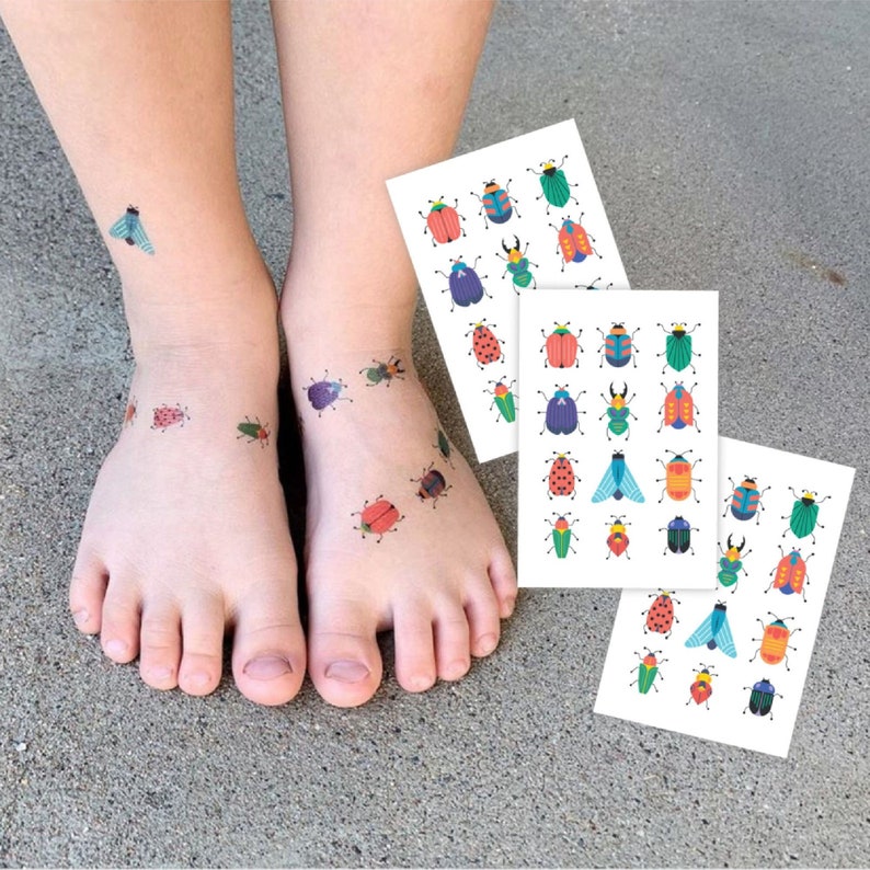 Bugs temporary tattoo transfers. Set of 36 tiny beetles body stickers for kids.