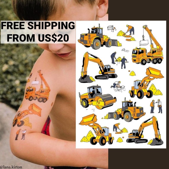Construction party temporary tattoo transfers. Crane, builder, excavator, bulldozer vehicles kids body stickers. Birthday party favors! Il_570xn