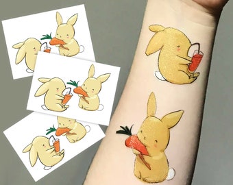 Bunnies Love Carrots Temporary Tattoo Transfers. Kids Body Stickers, 6 Rabbits In Total. Easter Basket Cute Gifts for Kids. Party Favors.