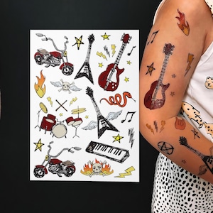 Rock and Roll Temporary Tattoos: Guitars, Motor Bikes, Drums. Rockstar Music Party Favors.