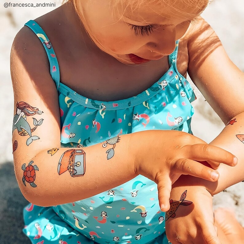 Girl Wearing Mermaid Party Temporary Tattoo Transfers For Kids. Under The Sea Themed Body Stickers. Birthday Party Favors.