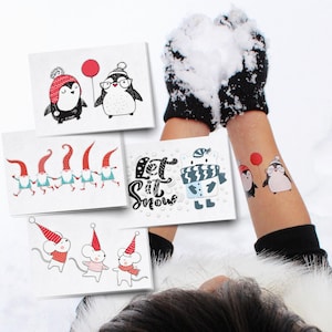 Tatuajes temporales navideños de elfos, ratones, pingüinos y osos polares con la frase "Let It Snow". Adornos navideños para calcetines. Pegatinas corporales infantiles.