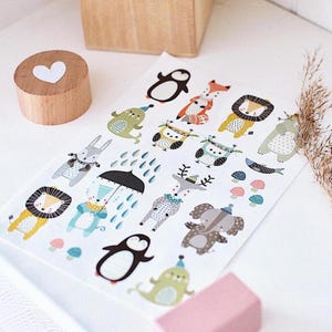 Waldtiere temporäres Tattoo. Babyparty, Geburtstags-Gastgeschenke. Skandinavischer Stil. Geschenke für Kleinkinder. Kinder Körper Sticker.