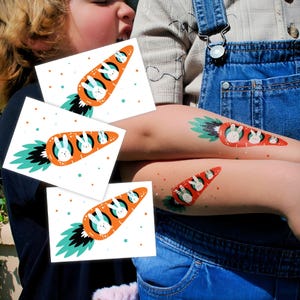 Easter Rabbits in Carrot Rocket Temporary Tattoos. Set of 3 Bunnies Astronauts Body Stickers For Kids.