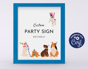 Plaque de fête personnalisée pour l'anniversaire d'un chiot sur le thème du chien Let's Pawty Time