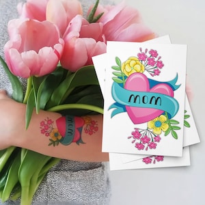 Mom Heart Tattoo. Mother's Day Set of 3 Temporary Tattoo Transfers of Heart And Flowers. Kids Body Stickers. Party Favors. Gifts for Moms.