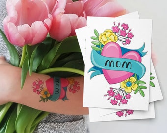 Mom Heart Tattoo. Mother's Day Set of 3 Temporary Tattoo Transfers of Heart And Flowers. Kids Body Stickers. Party Favors. Gifts for Moms.