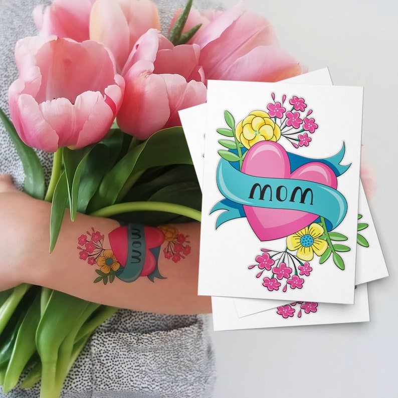 Mom Heart Tattoo. Mother's Day Set of 3 Temporary Tattoo Transfers of Heart And Flowers. Kids Body Stickers. Party Favors. Gifts for Moms.