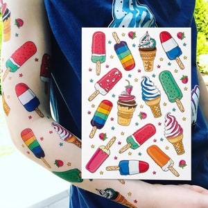 Ice Cream Temporary Tattoo Transfers. Ice Lolly, Soft Serve, Popsicles Big Set of Body Stickers For Kids. Birthday Party Favors. image 1