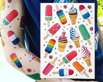 Ice Cream Temporary Tattoo Transfers. Ice Lolly, Soft Serve, Popsicles Big Set of Body Stickers For Kids. Birthday Party Favors.