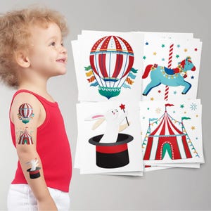 Carnival Temporary Tattoos, Funfair Circus and Magic Show Birthday Party Favors for kids.