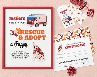 Rescue and Adopt a Puppy Sign and Adoption Certificate for Fire Station Firefighter Birthday