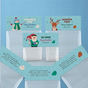May include: A set of four Christmas-themed treat bags with colorful labels. The labels feature illustrations of a snowman, elf, reindeer, and a poop emoji. The labels also include the text "Snowman Poop", "Elf Poop", "Reindeer Poop", and "Merry Christmas! From Aubrey".