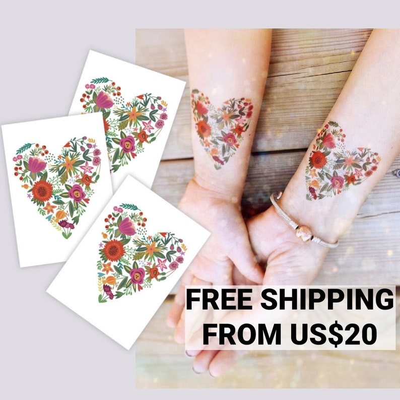 Floral Heart Temporary Tattoos. Set of 3 Transfers of Heart Etsy