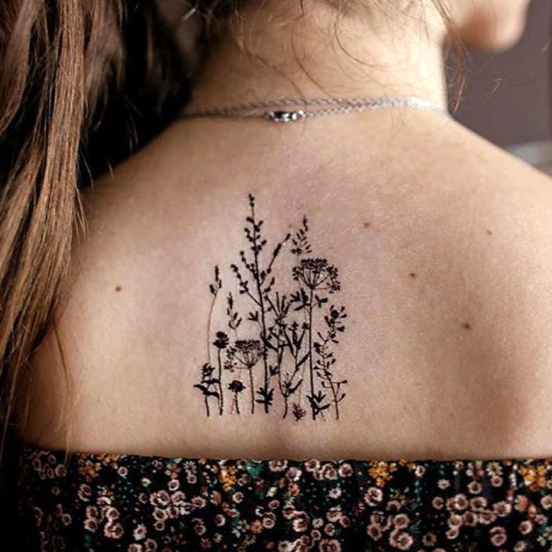 Wild Herbs Temporary Tattoo Transfers. Classic Black Ink Flowers Set of 3 Body Stickers. Floral Party Favors, Flower Party Supply, Gifts.
