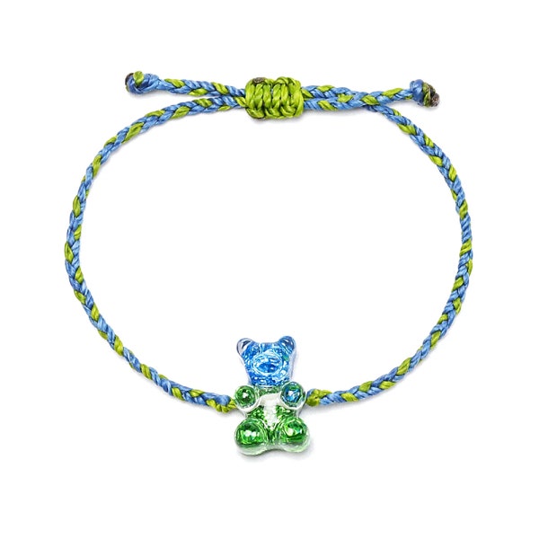 BLUE GREEN BEAR Bracelet pour enfants. Cordon ciré imperméable à l’eau Bracelet d’amitié réglable avec un charme mignon d’ours en gélatine à paillettes. Cadeau pour les enfants.