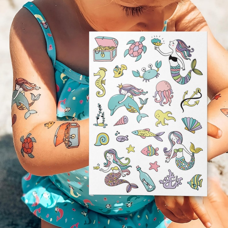 Mermaid Party Temporary Tattoo Transfers For Kids. Under The Sea Themed Body Stickers. Birthday Party Favors.