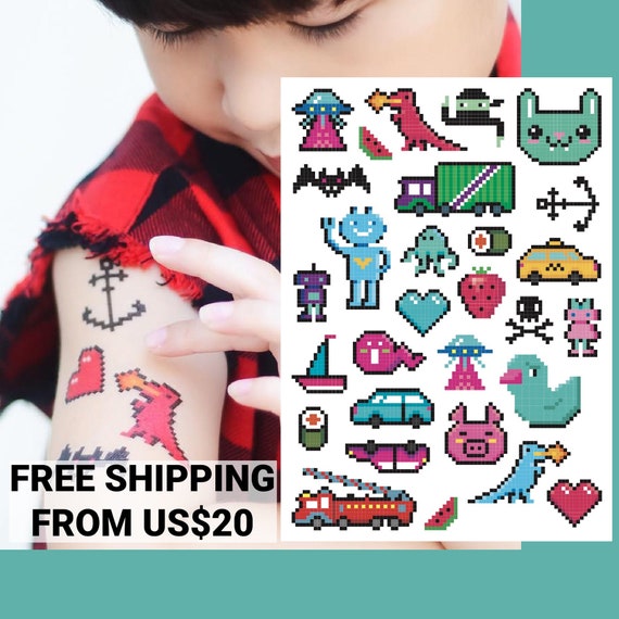 8 Bit Temporary Tattoo Transfers Retro Video Game Pixel Art Kids Body Stickers Video Game Birthday Party Favors And Gifts By Ducky Street Catch My Party